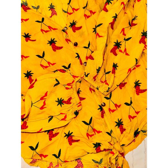 Anthropologie Button Down Front Tie Blouse Yellow Women’s 2 Festival Boho Fruit - Picture 15 of 16